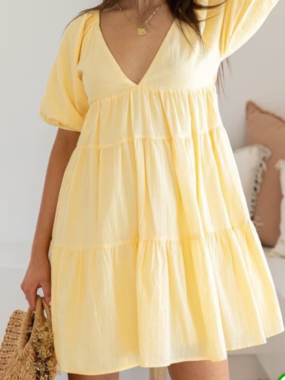 Bright Yellow Puff Sleeve Tiered Mini Dress